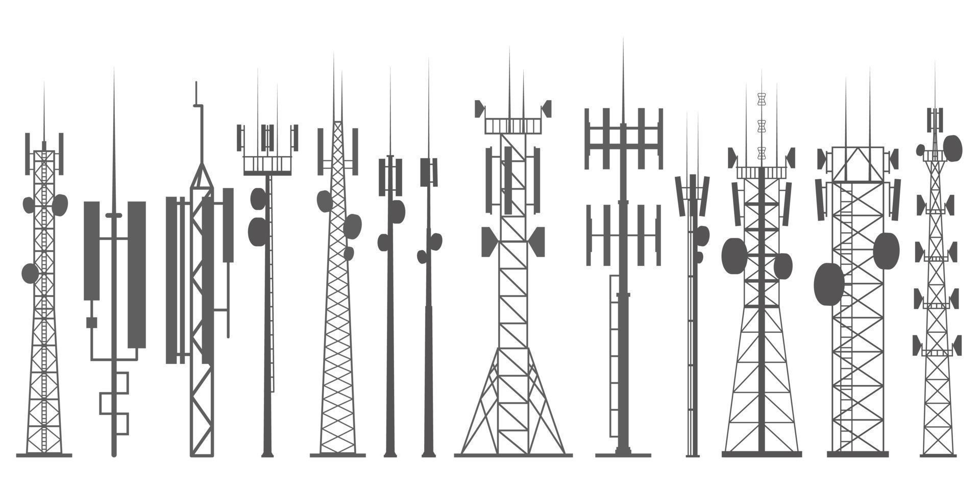 conjunto de torres móviles. red de Internet. antenas de radio y construcciones de comunicación celular. ilustración de contorno de silueta vectorial. vector