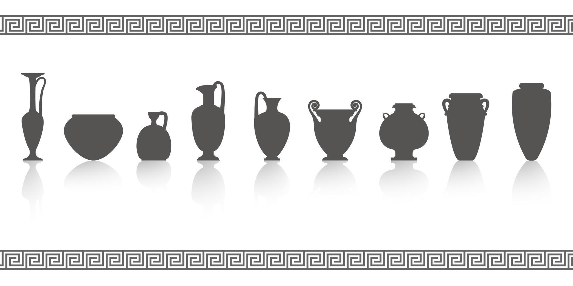 Greek vases silhouettes. Ancient amphoras and pots glyph illustration. Clay ceramic earthenware. Vector. vector