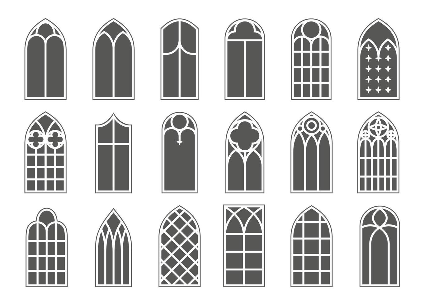 Church medieval windows set. Old gothic style architecture elements. Vector glyph illustration on white background.