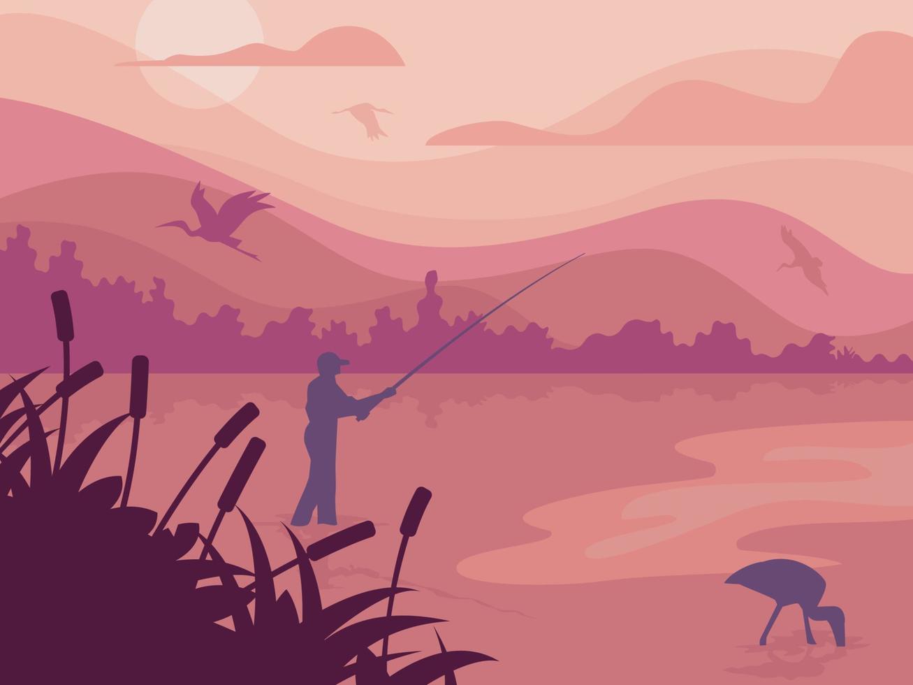 pesca en el rio un paisaje calido vector