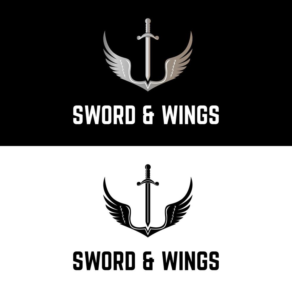 Sword and Wings silhouette knight angel for retro vintage security and protection company logo design vector