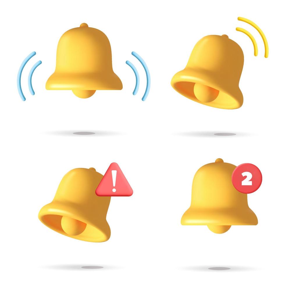 Set of 3d vector yellow notification reminder bell sign design