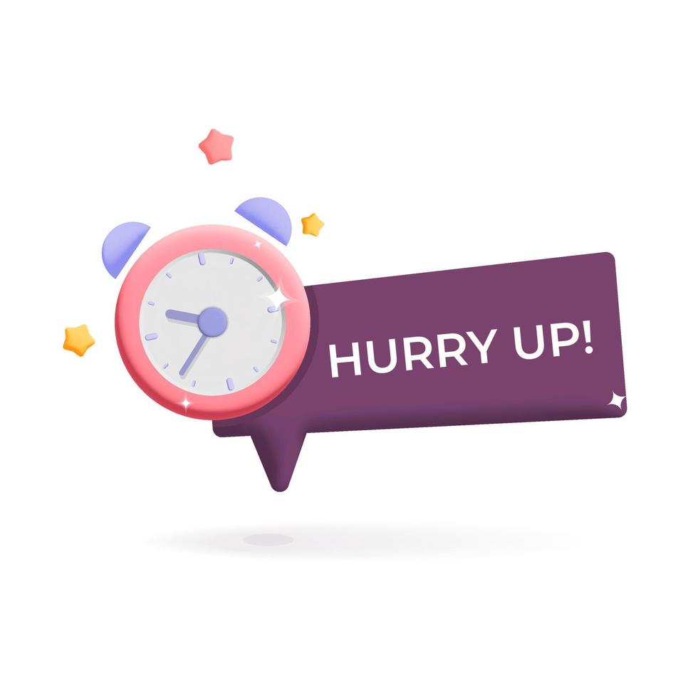 3d vector hurry up label with alarm clock promotion icon design