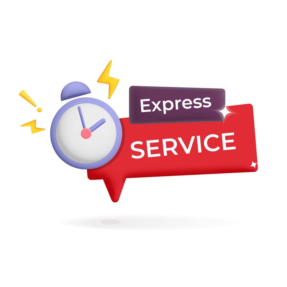 3d vector express service red label with ringing violet alarm clock symbol design. Timer and express delivery, fast solution, urgent custom support, help concept illustration.