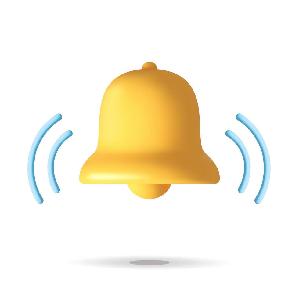 Ilustración de diseño de icono de campana de llamada de recordatorio de notificación de vector 3d aislado sobre fondo blanco.