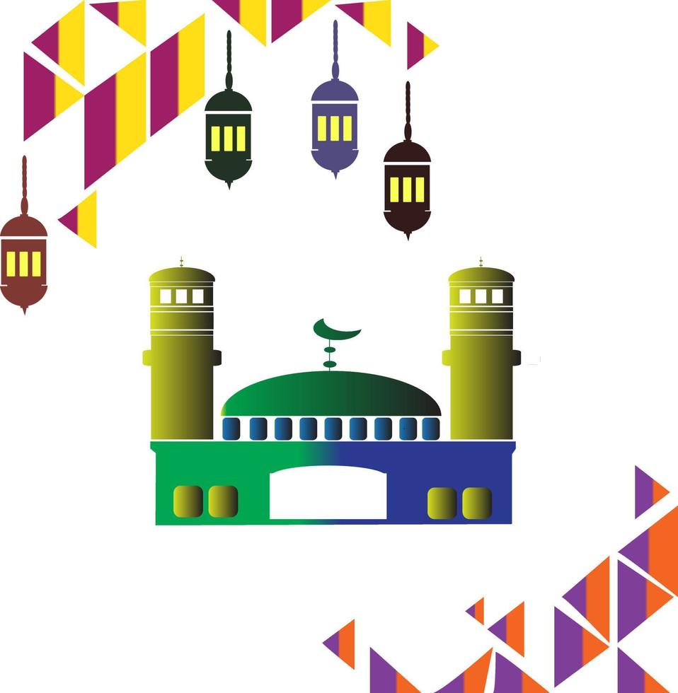 adornos de eid al-adha con mezquitas y linternas. para el fondo con un hermoso diseño de mezquita, estrellas, luna y linternas antiguas vector