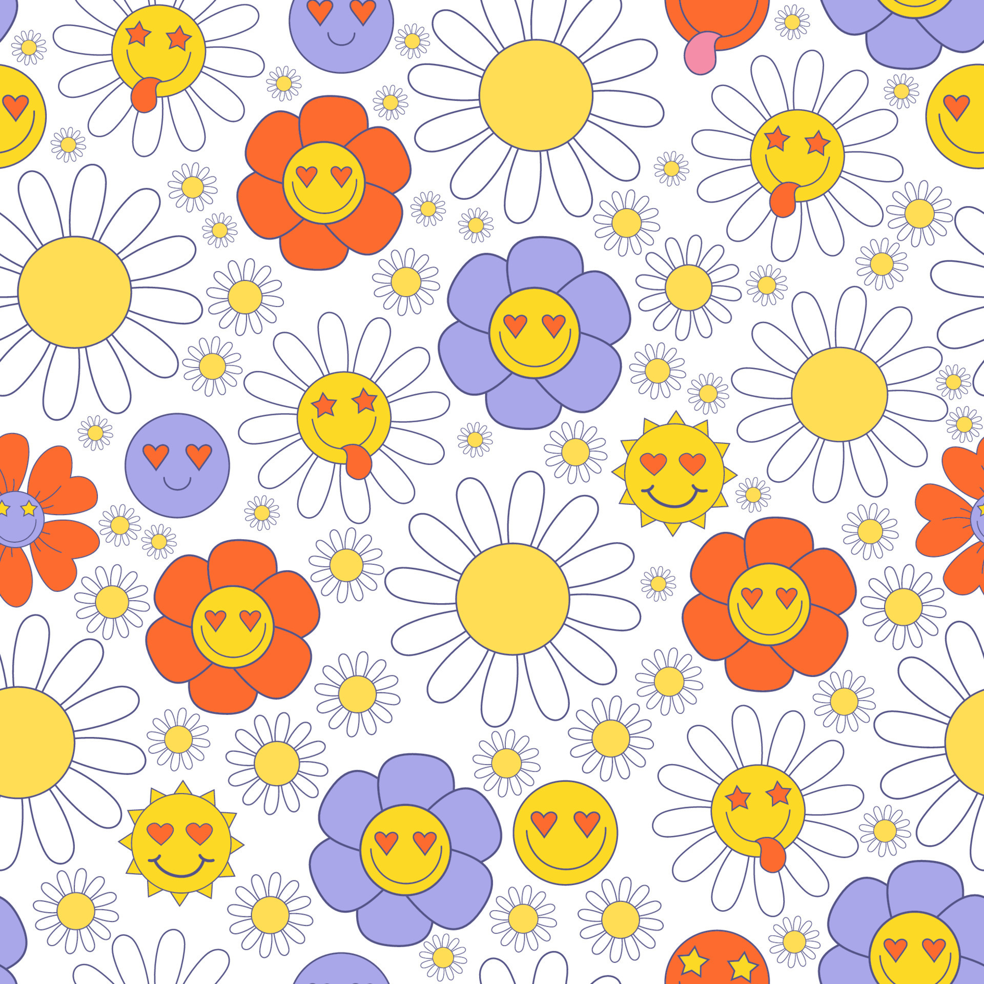 Retro Seamless nostalgia pattern with 70s, 80s, 90s vibes groovy elements.  Stickers cartoon funky flower power, daisy flowers, chamomile, smile face.  Vector illustration 9733075 Vector Art at Vecteezy