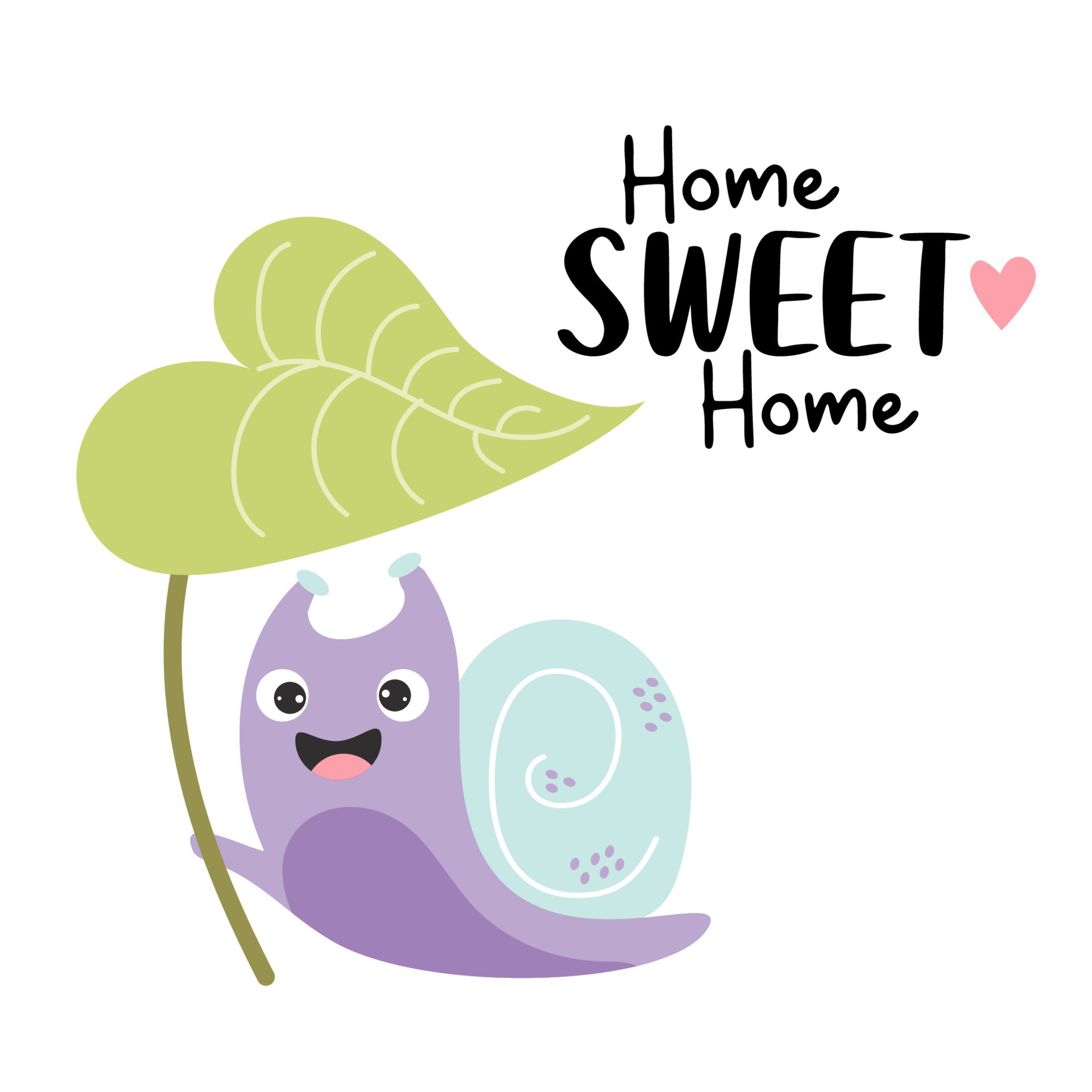 Cute happy snail under large leaf of plant and slogan Home Sweet Home