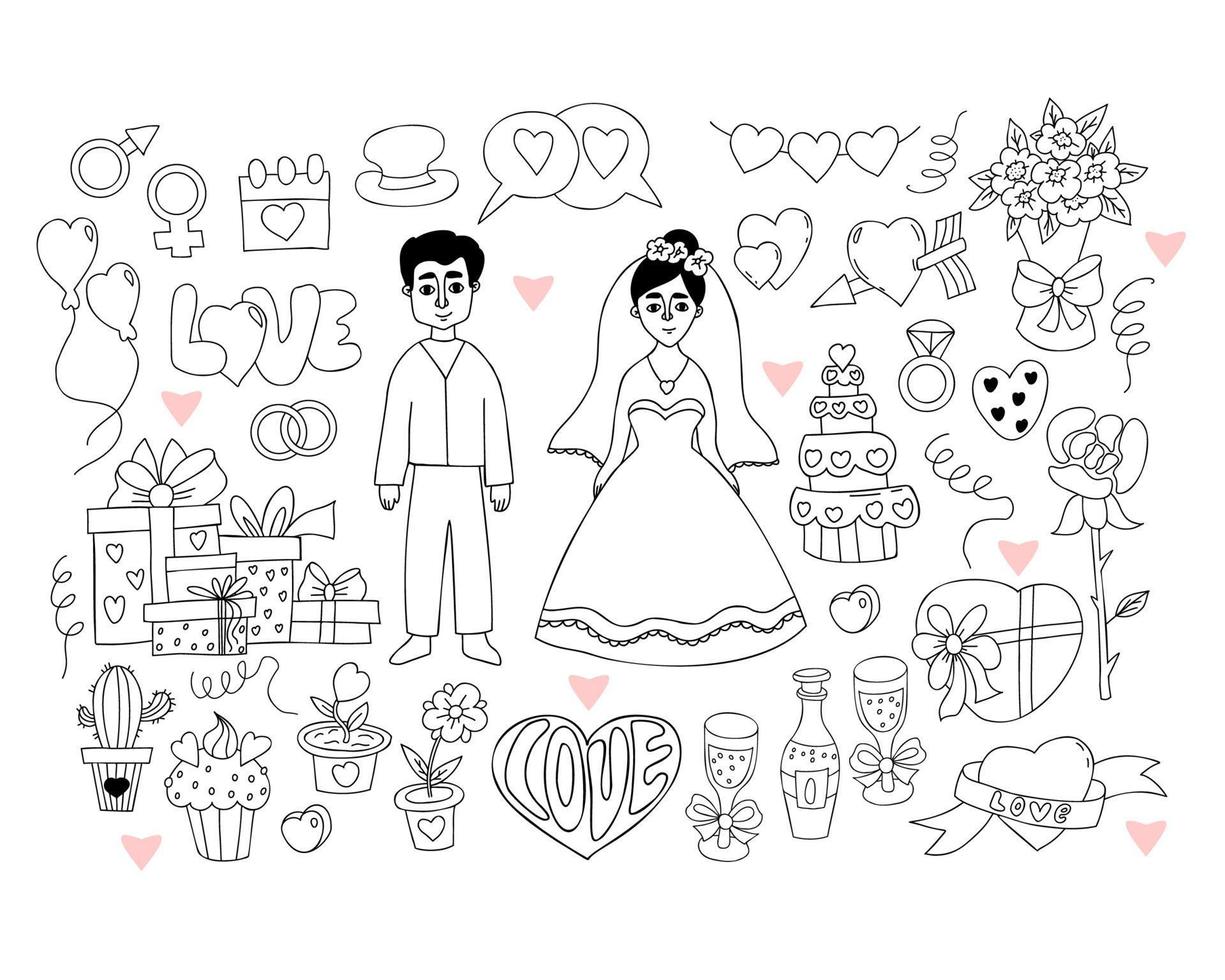 Wedding doodle set. Newlyweds, bride in wedding dress and groom, gifts and wedding rings, gender signs, wedding cake, brides bouquet, heart and rose. Isolated vector linear hand drawings