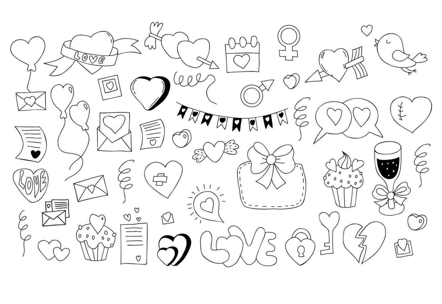 Collection, love, romance and wedding doodles. Letters of love, cupids arrow, sweets, lock, key, champagne and glass, broken, wounded heart, gender signs and love bird. Isolated vector line drawings.