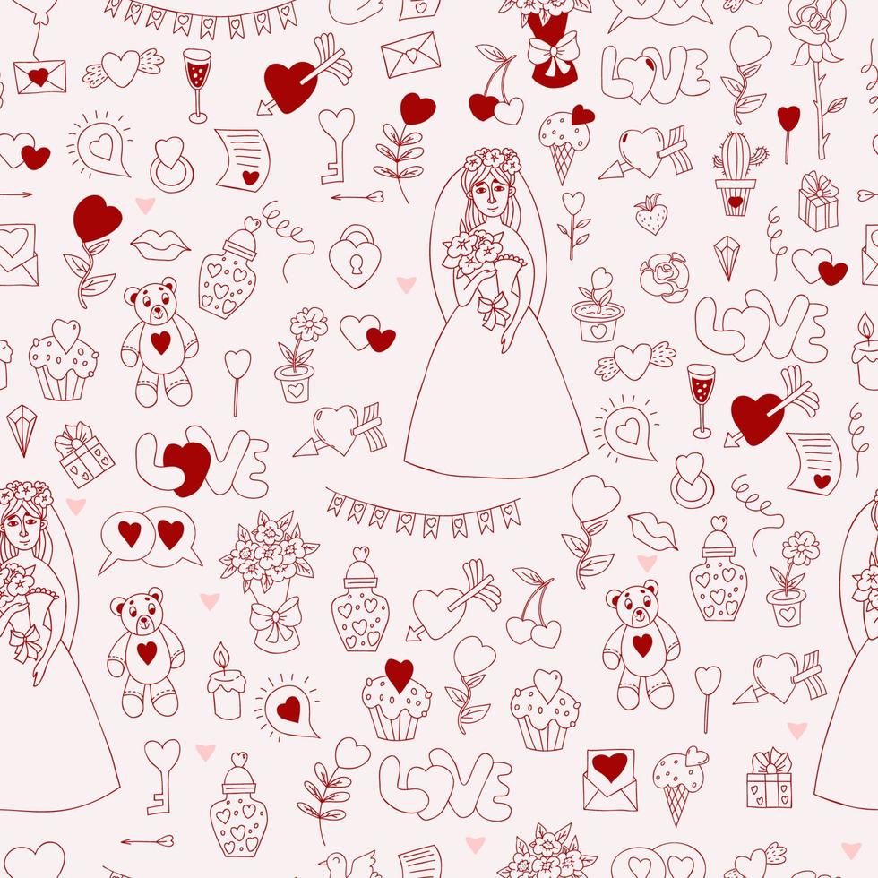 Seamless wedding pattern. Cute bride in wedding dress with bouquet, toy teddy bear, cake and an arrow in heart on white background. Linear doodle. Vector illustration for design, decor, wallpaper.