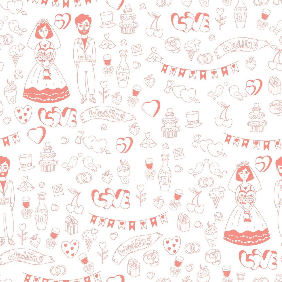 Seamless wedding pattern. Couple of newlyweds, bride and groom, hearts, cake, garland and gifts on white background. Linear hand drawn doodle. Vector illustration for design, decor, wallpaper, print.