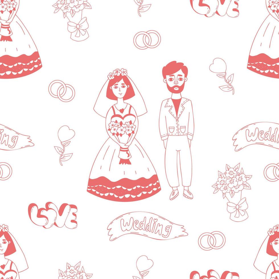 Seamless wedding pattern. Couple of newlyweds, bride and groom, hearts, wedding rings, brides bouquet on white background. Linear hand drawing. Vector illustration for design, decor, wallpaper, print.