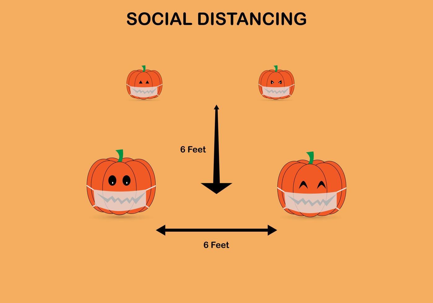 ilustración vectorial de calabazas con máscara facial y mantener el distanciamiento social. vector