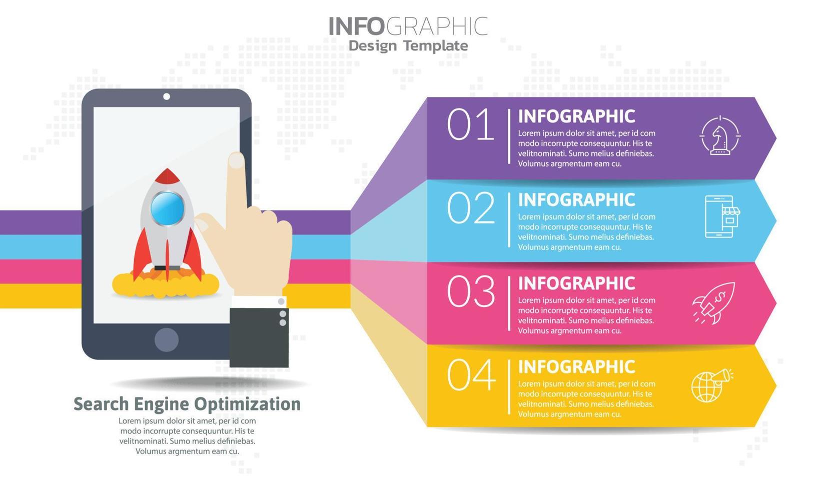 infográfico 4 pasos seo para contenido, diagrama, diagrama de flujo, pasos, partes, línea de tiempo, flujo de trabajo, gráfico. vector