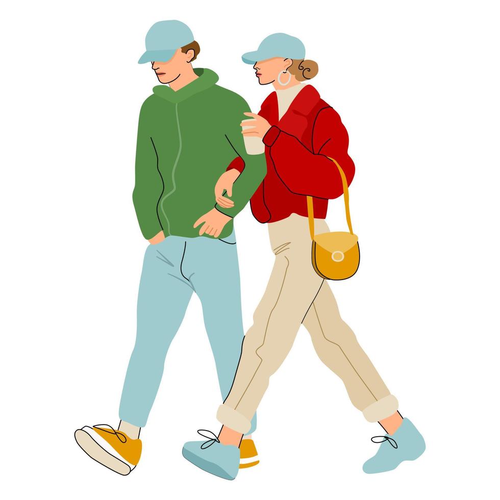 Romantic couple walking together with armlock. Man and woman on a casual date. Female and male figures full length in trendy warm clothes. Celebrities caught of guard. vector