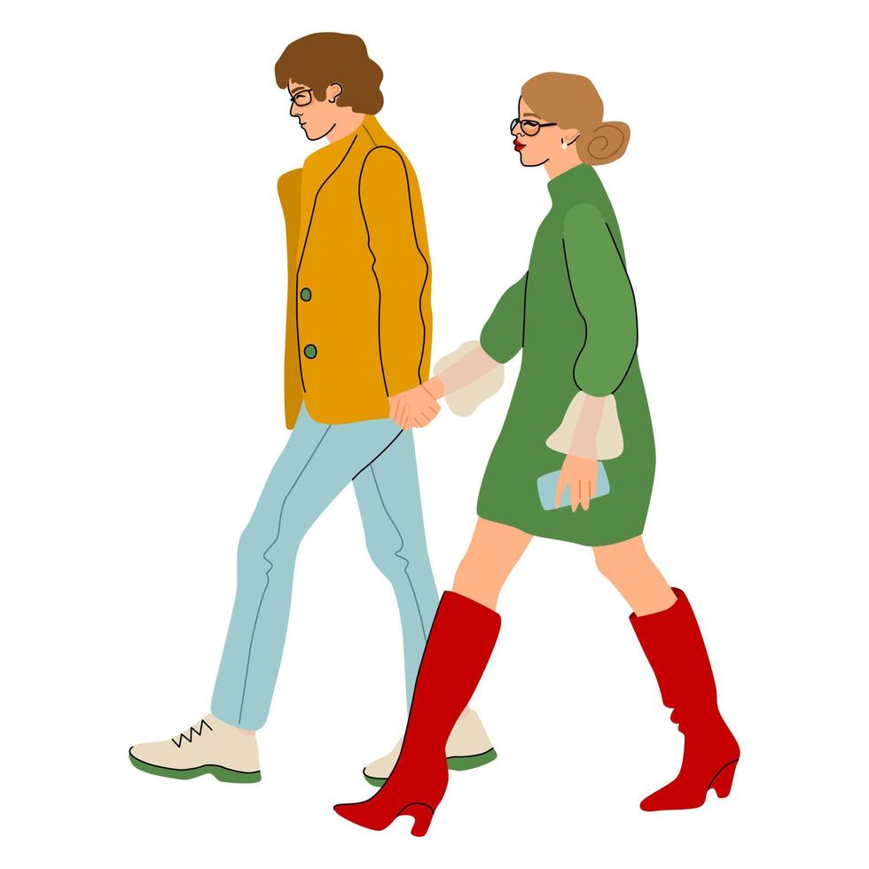 Fashionable couple walking the street holding hands. Fancy dressed man and woman strolling the city. Young people on a date. vector