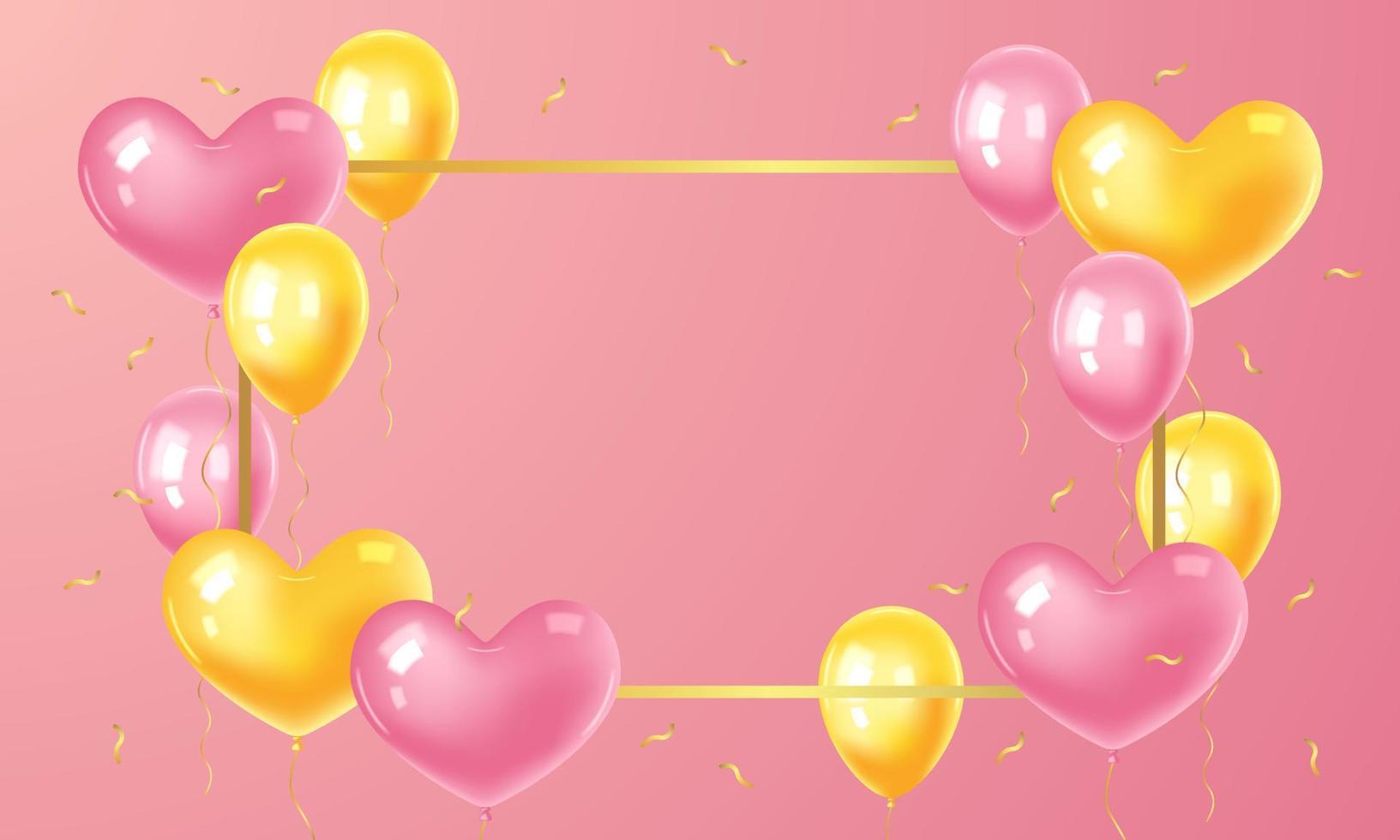 Abstract pink background with gold frame and realistic pink and yellow balloons. Banner with copy space. Birthday, wedding. Vector stock illustration.