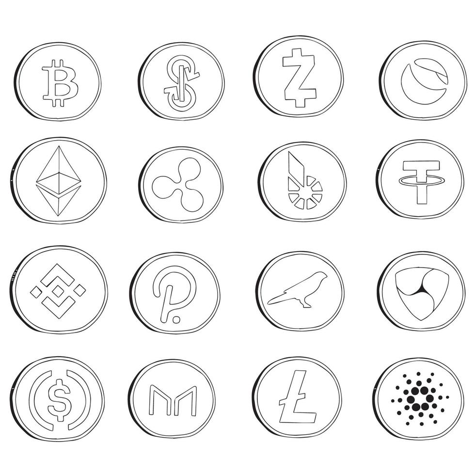 conjunto de ilustración de vector de diseño plano realista de moneda criptográfica. bitcoin, ethereum, binance, litecoin, anhelan finanzas, bitshares, zcash, kusama, luna, ripple, nem, dash, tehter, polkadot.