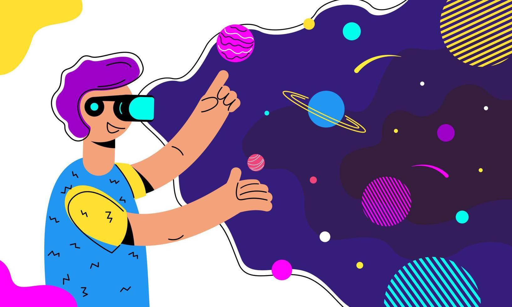 A man in virtual reality glasses and outer space. Vector stock illustration in flat style.