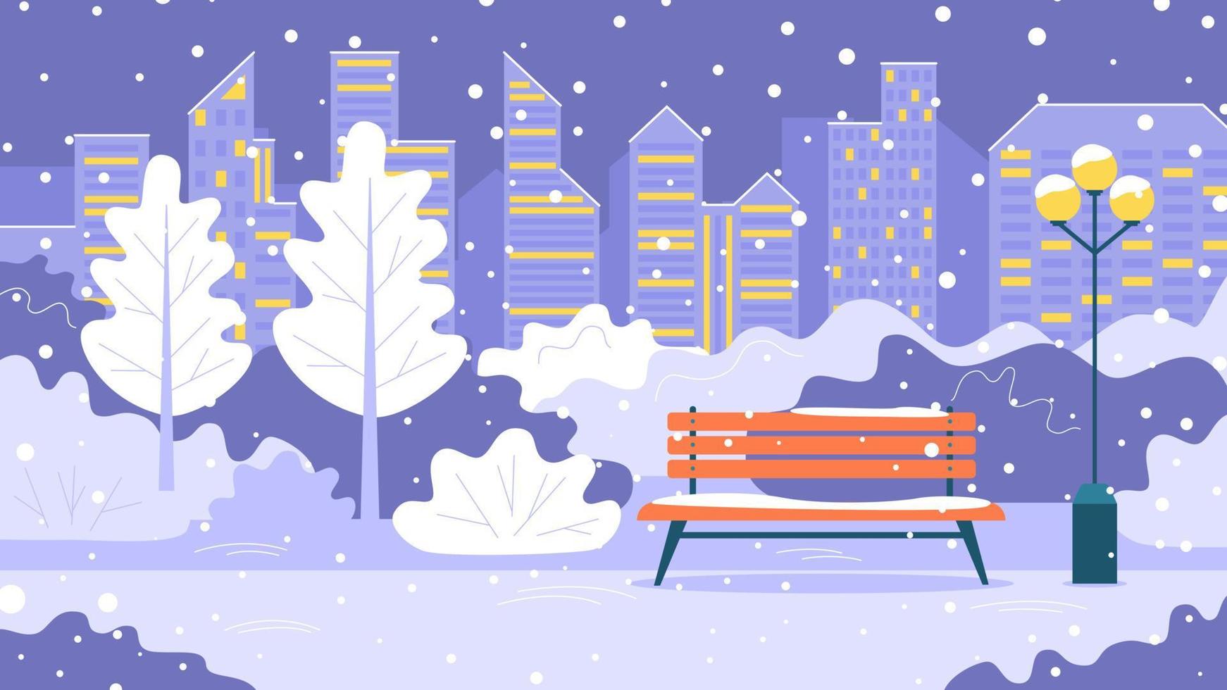 Winter landscape city park in the evening, snow is falling. Bench and street lamp. Vector stock illustration.