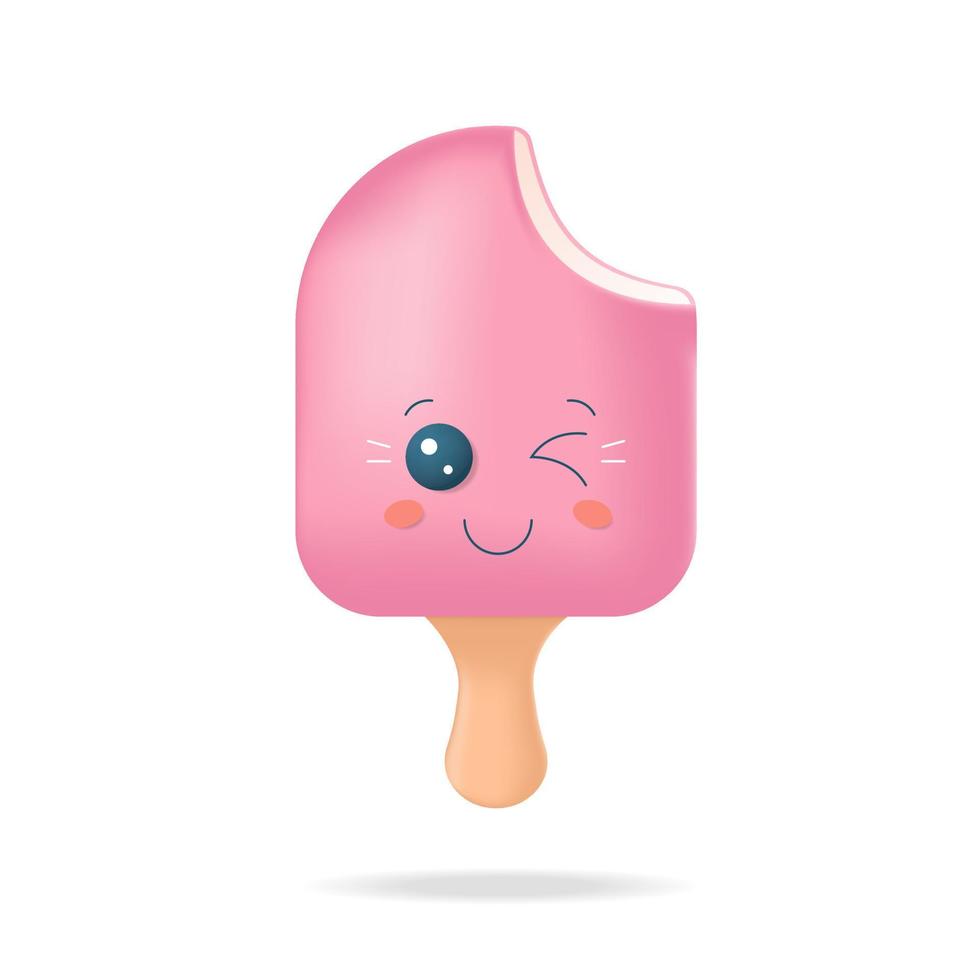 Helado lindo de dibujos animados en 3d mordido con emociones faciales aisladas en fondo blanco. ilustración de stock vectorial. vector