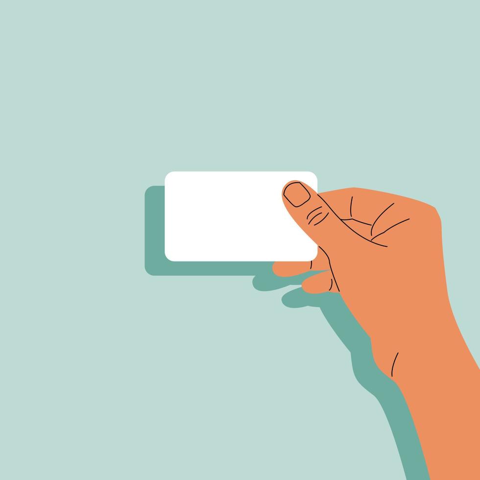 la mano del hombre sostiene una tarjeta bancaria blanca en blanco o una tarjeta de visita. ilustración vectorial de stock en estilo plano con espacio de copia. vector