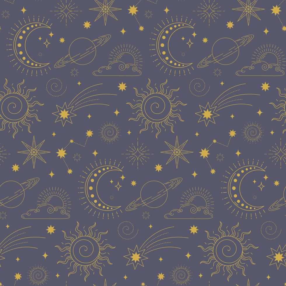 Outer space mystical seamless pattern in a linear style. Sun and moon, stars and planets in the blue sky. Vector stock illustration.