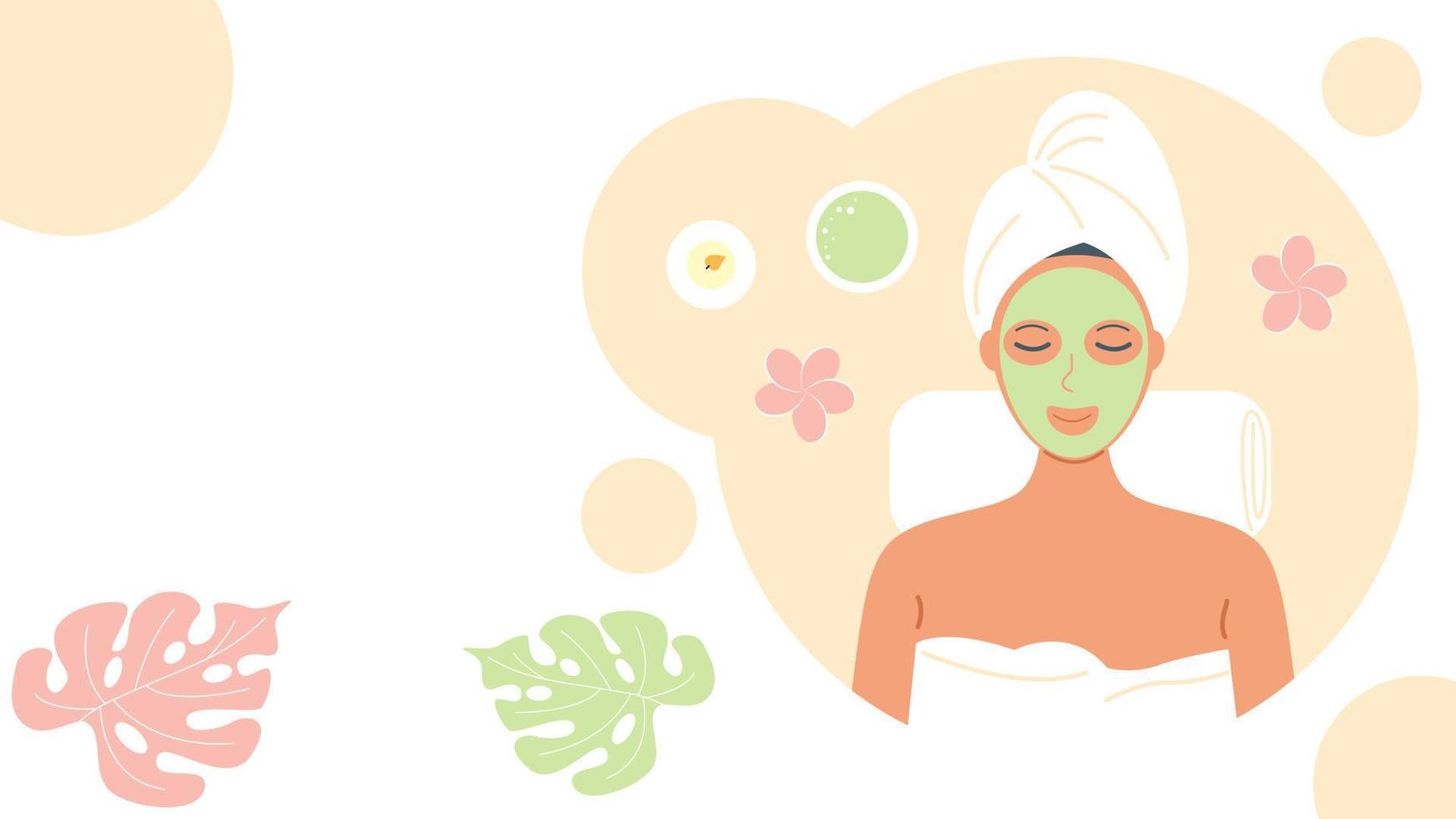 mujer en un salón de spa, en una toalla con una máscara en la cara. cuidado de la piel, concepto de belleza. banner con espacio de copia. ilustración de stock vectorial. vector