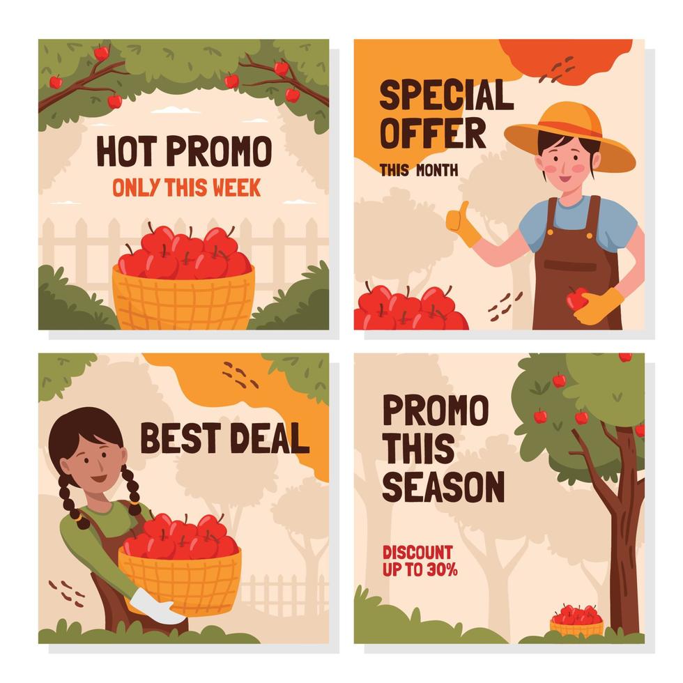 conjunto de plantillas de promoción de redes sociales de cosecha de manzanas vector