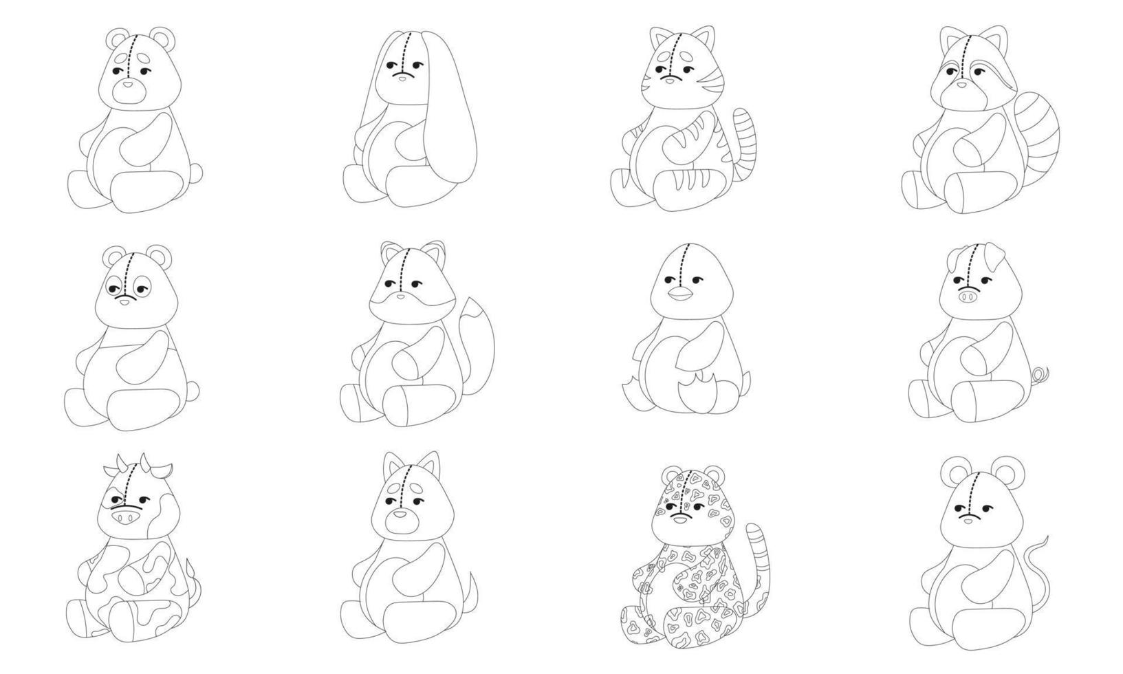 A set of the outline of 12 stuffed animal toys. Teddy bear, rabbit, cat, raccoon, panda, fox, penguin, pig, cow, dog, leopard and mouse. Flat vector illustration isolated on a white background.