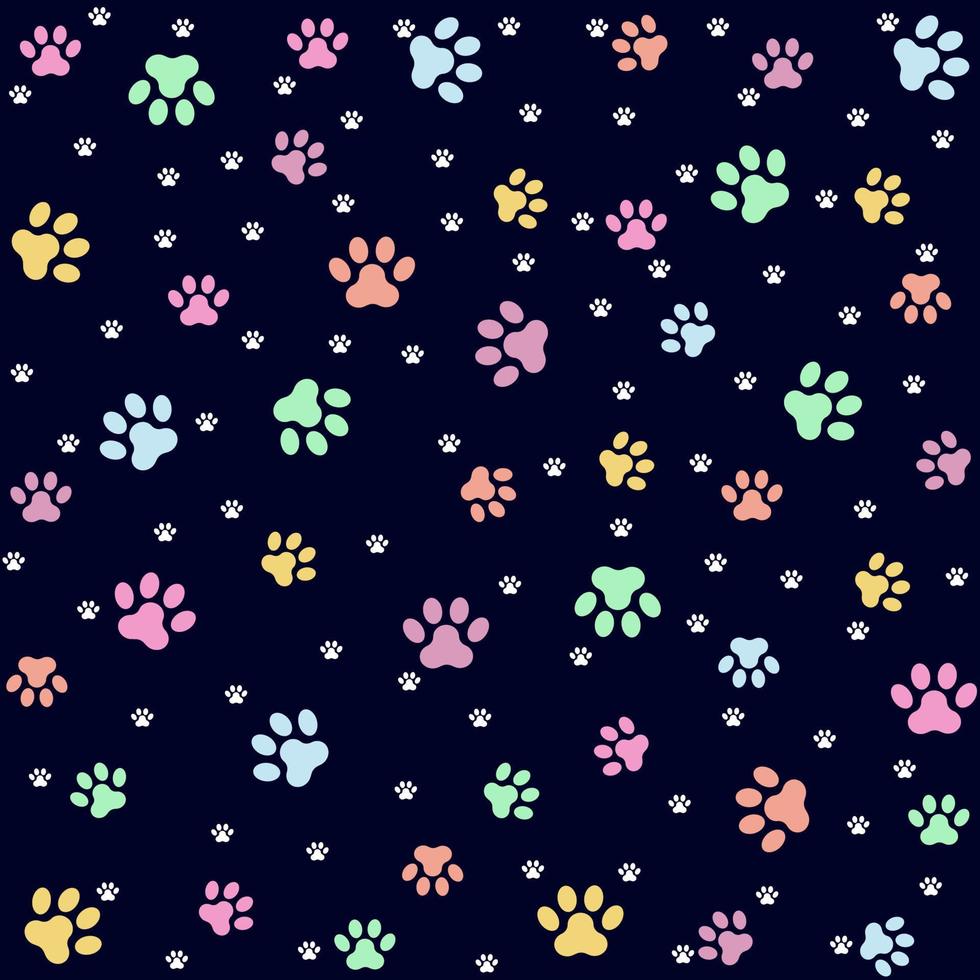 Huellas de gato o perro vector patrón sin costuras sobre fondo oscuro.