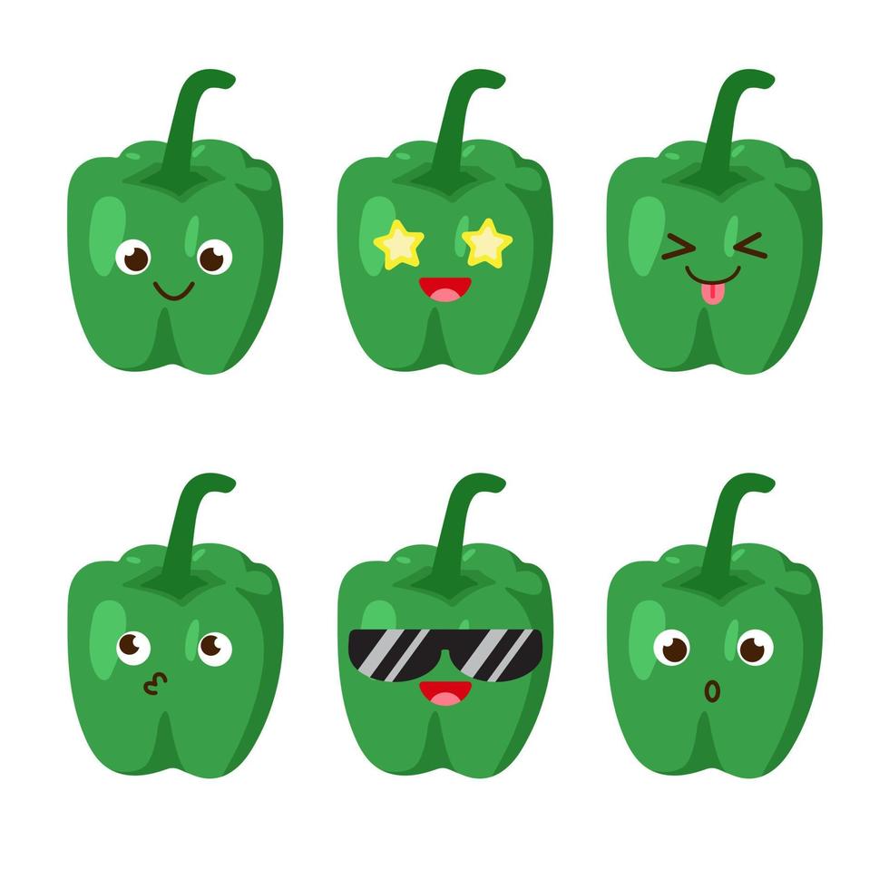 Set of paprika emojis. Kawaii style icons, vegetable characters. Vector illustration in cartoon flat style. Set of funny smiles or emoticons. Good nutrition and vegan concept. illustration for kids