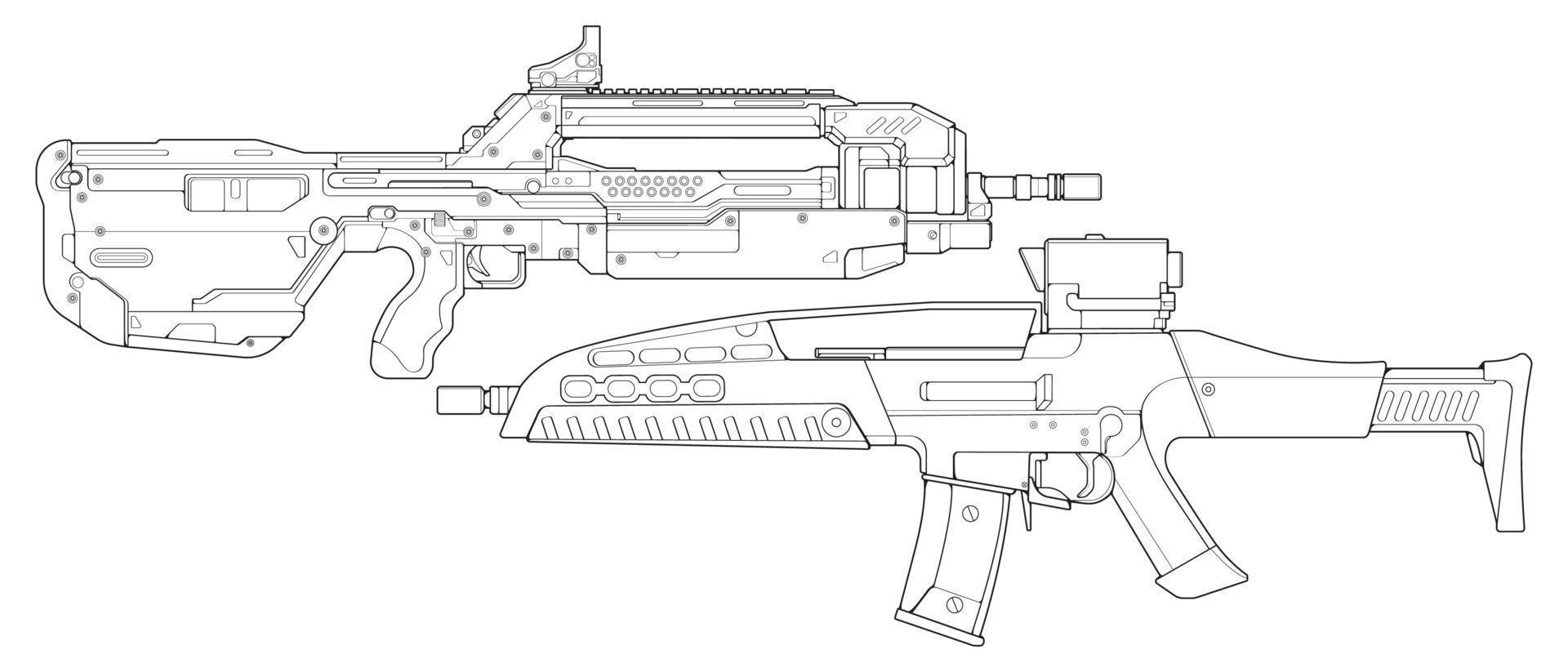 Set of firearms line art style, Shooting gun, Weapon illustration