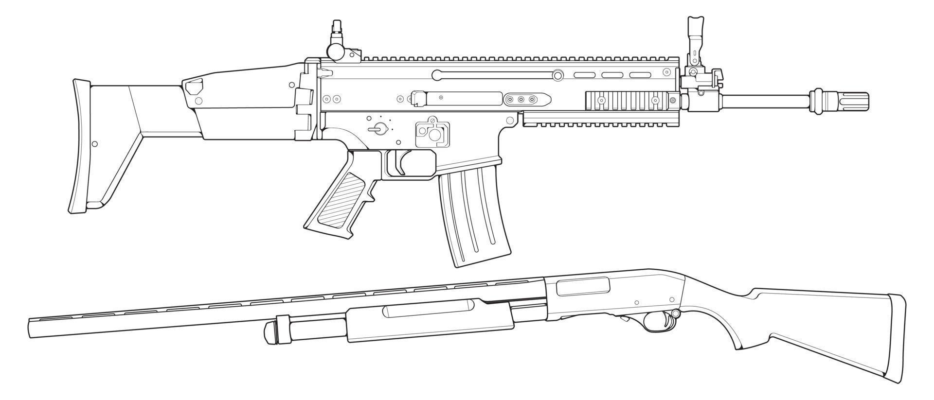 Set of firearms line art style, Shooting gun, Weapon illustration, Vector Line, Gun illustration, Modern Gun, Military concept, Pistol line art for training