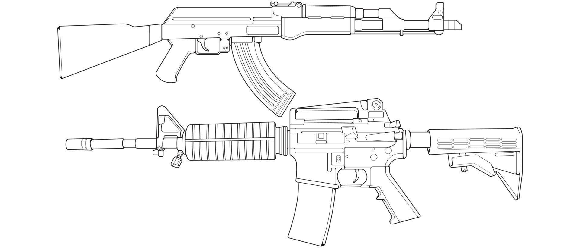 Set of firearms line art style, Shooting gun, Weapon illustration, Vector Line, Gun illustration, Modern Gun, Military concept, Pistol line art for training