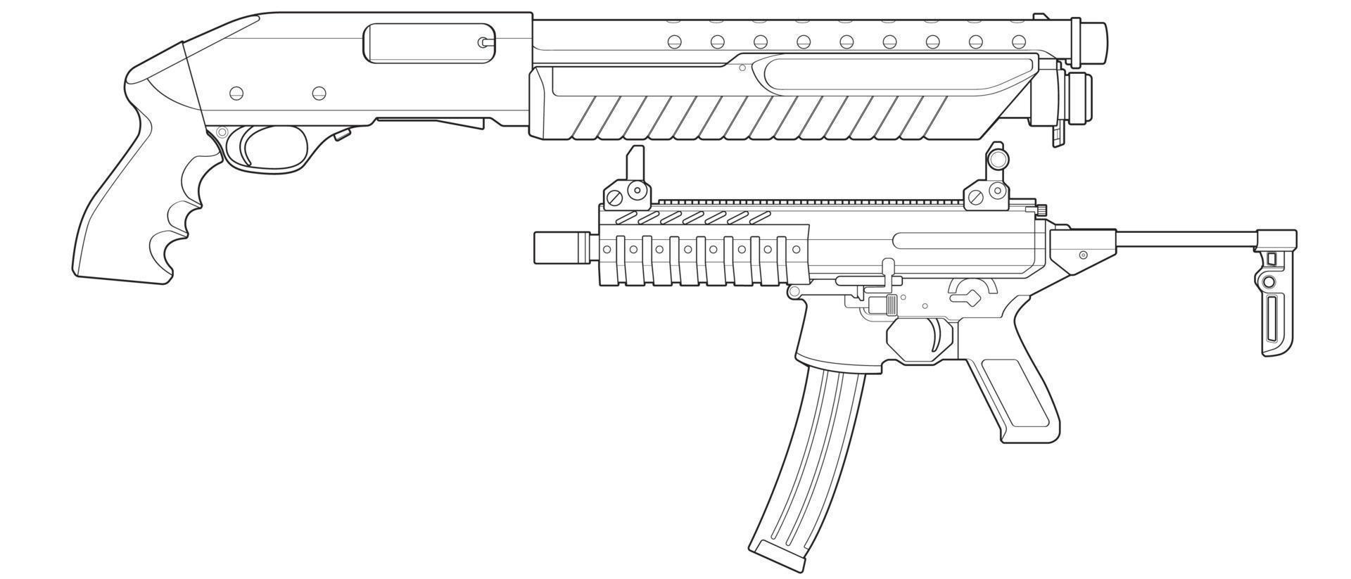 Set of firearms line art style, Shooting gun, Weapon illustration, Vector Line, Gun illustration, Modern Gun, Military concept, Pistol line art for training