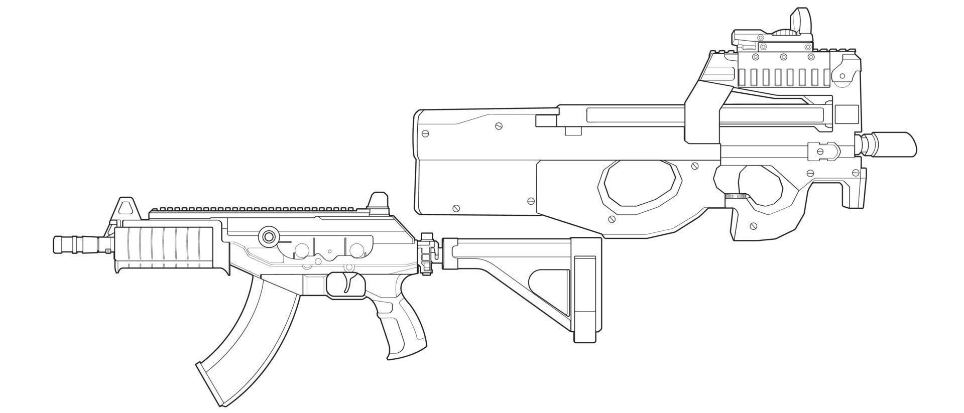 Set of firearms line art style, Shooting gun, Weapon illustration, Vector Line, Gun illustration, Modern Gun, Military concept, Pistol line art for training