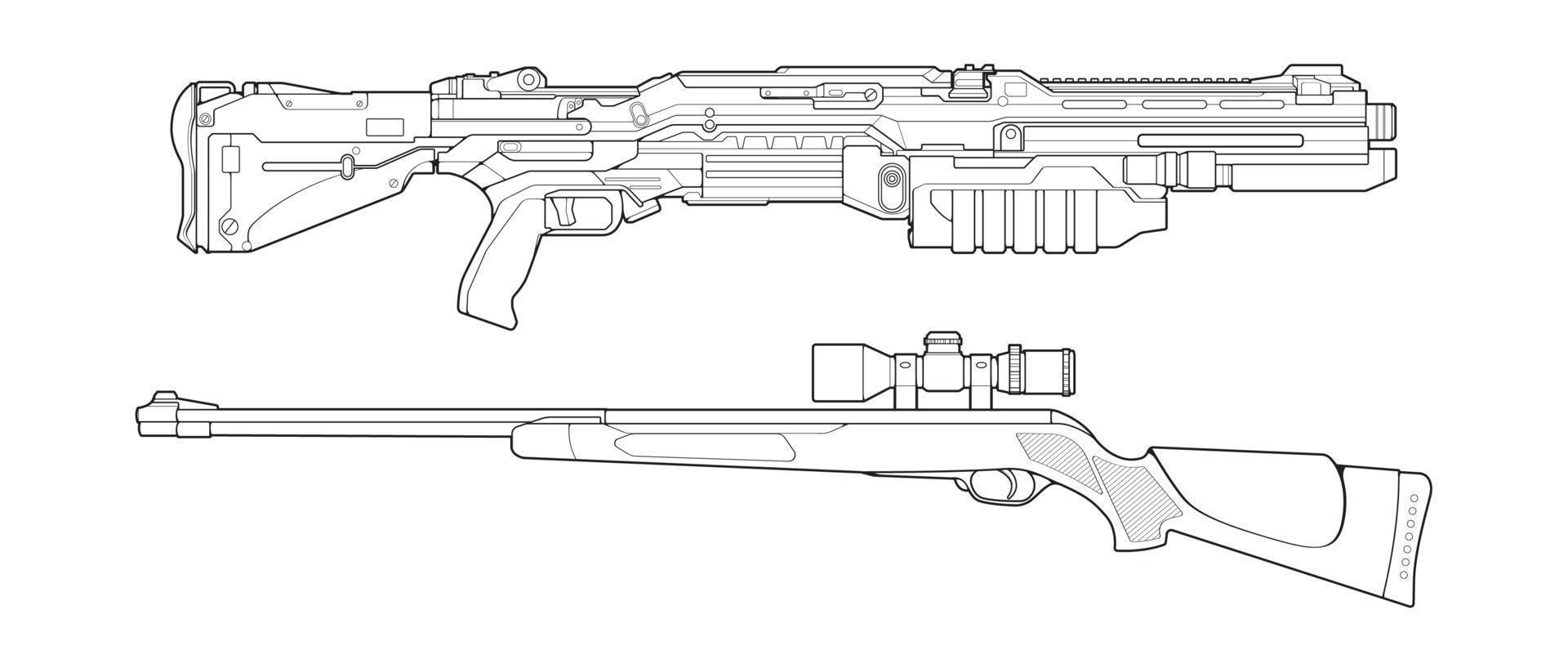 Set of firearms line art style, Shooting gun, Weapon illustration, Vector Line, Gun illustration, Modern Gun, Military concept, Pistol line art for training