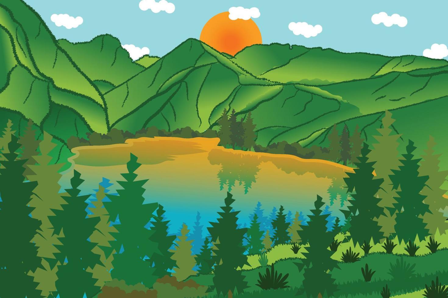 ilustración de paisaje de bosque y lago de montaña vector