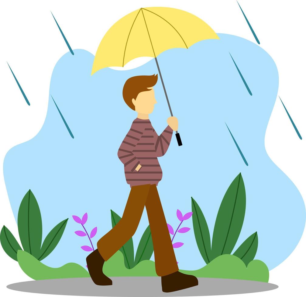 ilustración gráfica vectorial, día de lluvia, caminar bajo la lluvia, hombre con paraguas vector