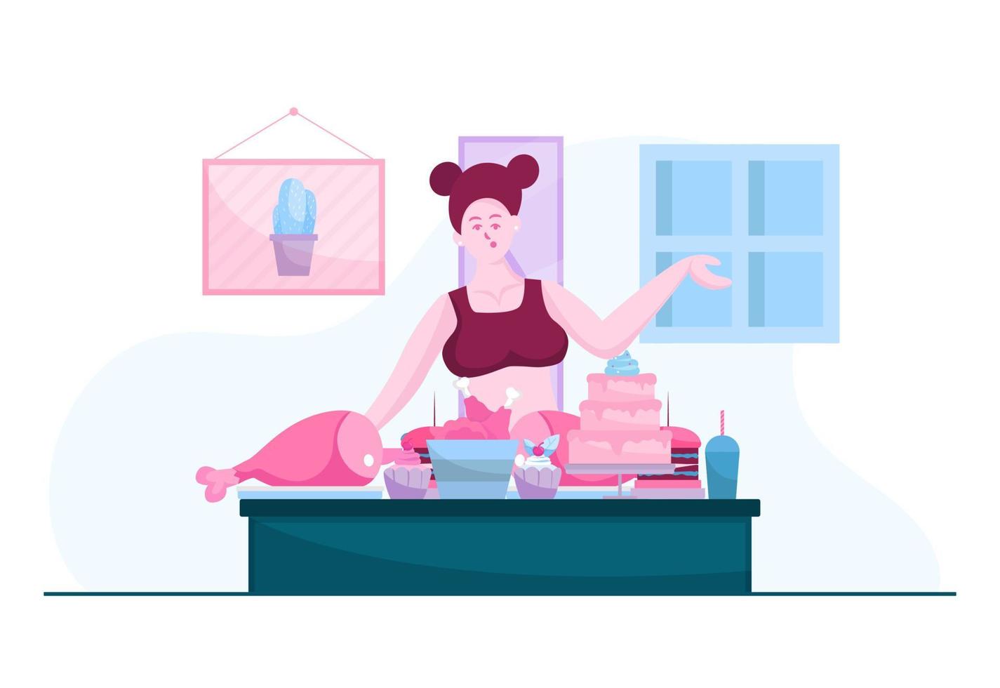 Woman Does Mukbang, Eating Show, Eating Foods Concept Illustration vector