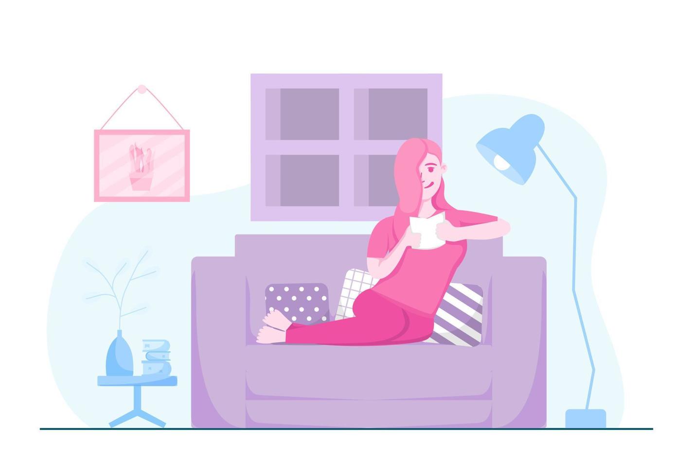 Woman Enjoys Reading Book on The Couch in The Living Room Flat Illustration Design vector