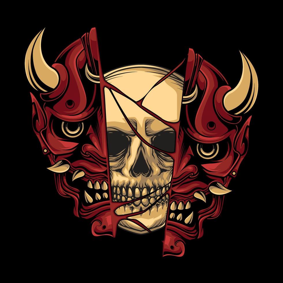 skull illustration with japanese oni mask design vector