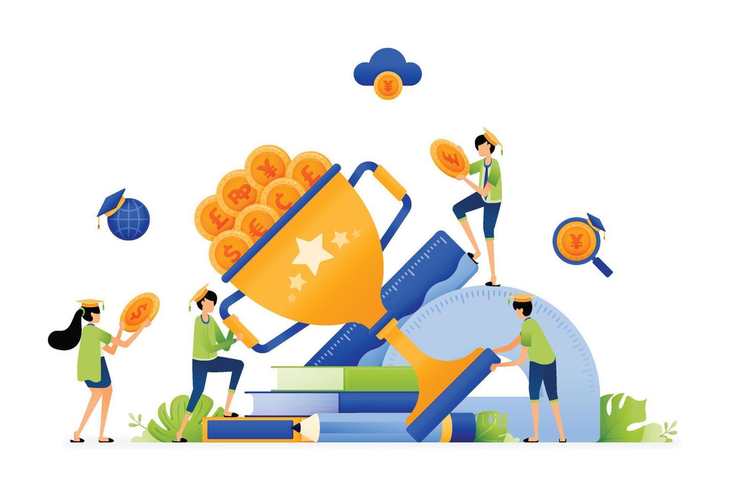 Design of students take money in trophy. outstanding students receive scholarship support for tuition fees. Illustration for landing page website poster mobile apps web social media brochure ads etc vector