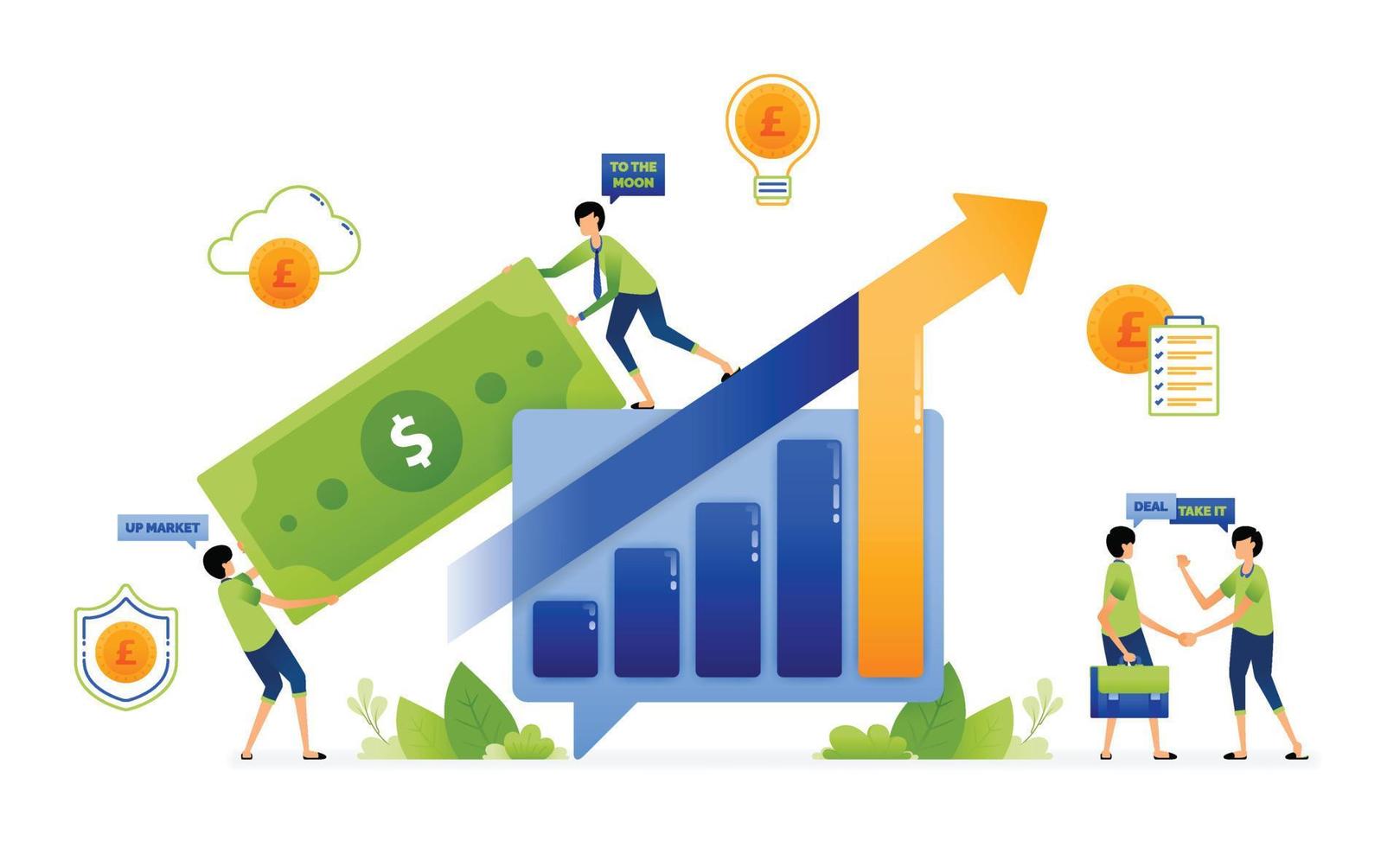 Design of analyze and review the growth of companies financial performance in making investment decisions. Illustration for landing page website poster banner mobile apps web social media brochure ads vector