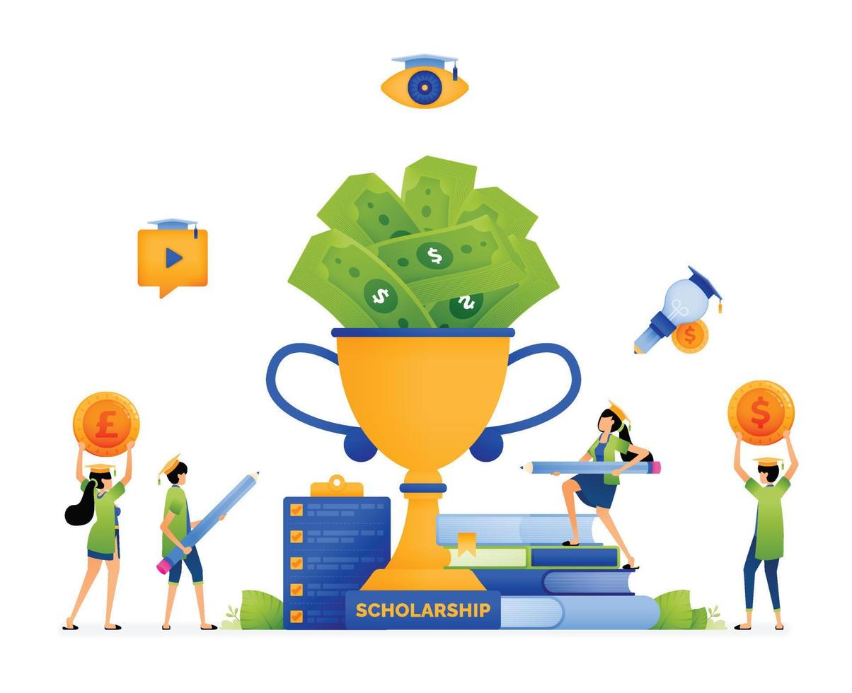 diseño de trofeos de estudiantes destacados llenos de montones de dinero para ayudar a pagar las tasas de matrícula para continuar la educación. ilustración para la página de inicio sitio web cartel banner aplicaciones móviles folleto web anuncios vector