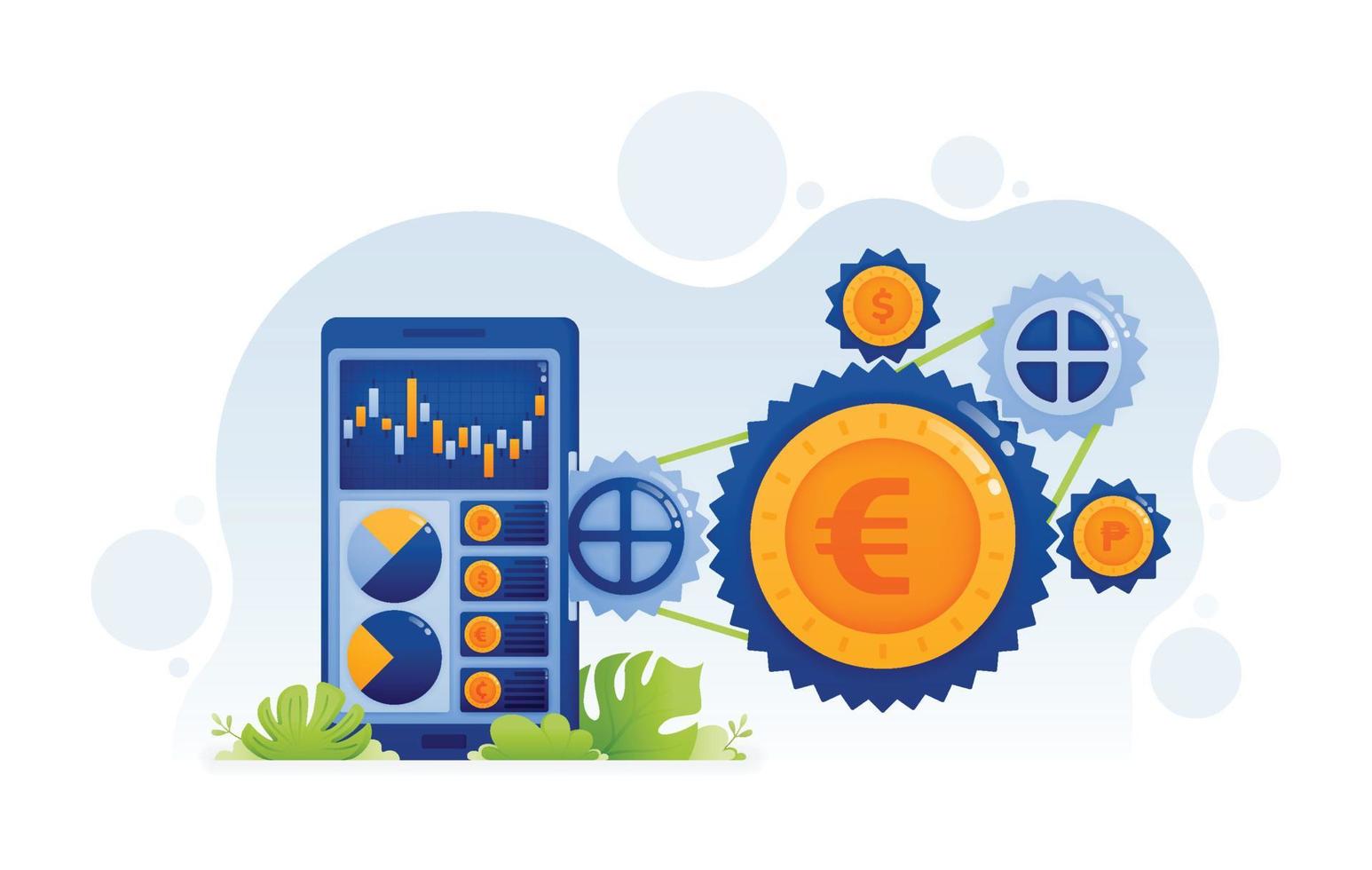 Design of big coin turning the conveyor belt on apps metaphor of financial system and retail banking for investment. Illustration can be for landing page website web poster banner mobile apps flyer ad vector