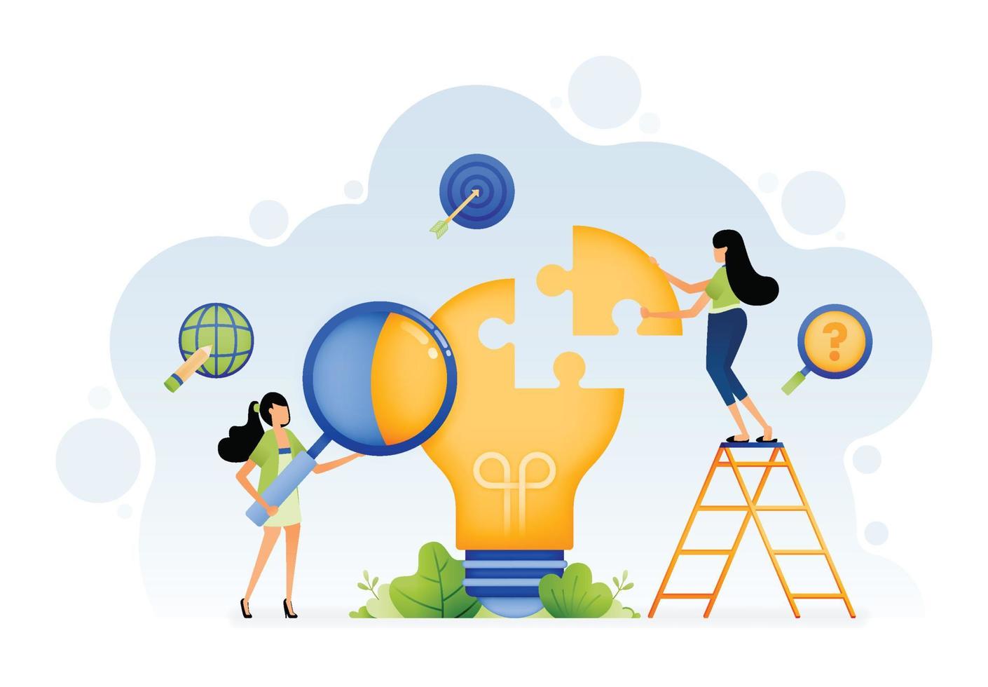 Illustration of people solving puzzles from ideas and brainstorming for enlightenment. Search and find solutions. Design can be for landing page website poster banner mobile apps web social media ads vector