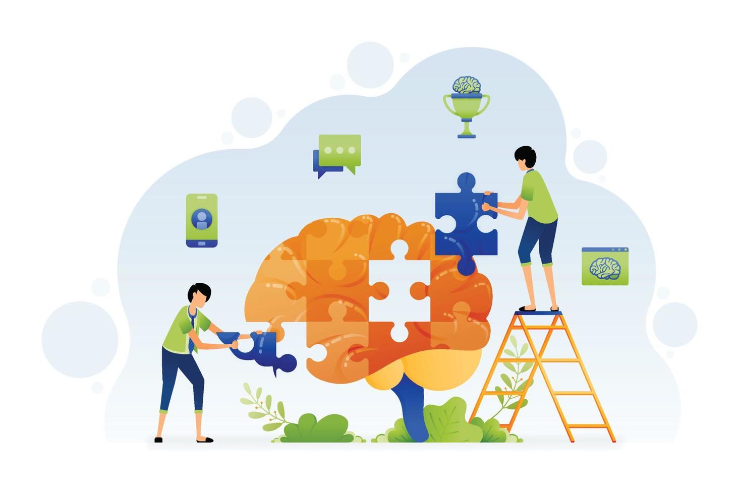 Illustration of people solving brain shaped puzzle problems with brain intelligence. Problem solving with brainstorming. Design can be for landing page website poster banner apps web social media ads vector